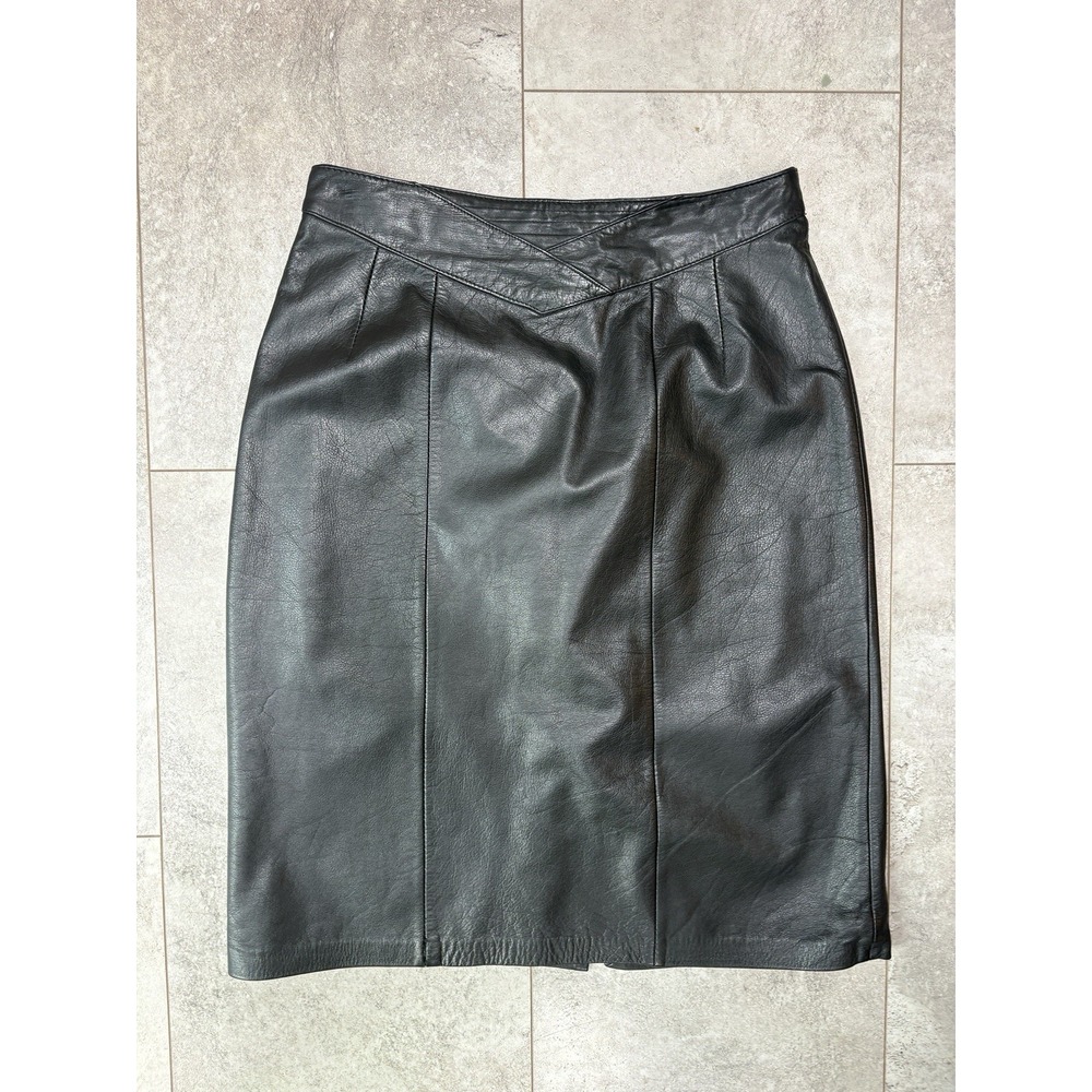 Vintage Jacqueline Ferrar Leather Pencil Skirt Sz 14 Black Fully Lined Slit
